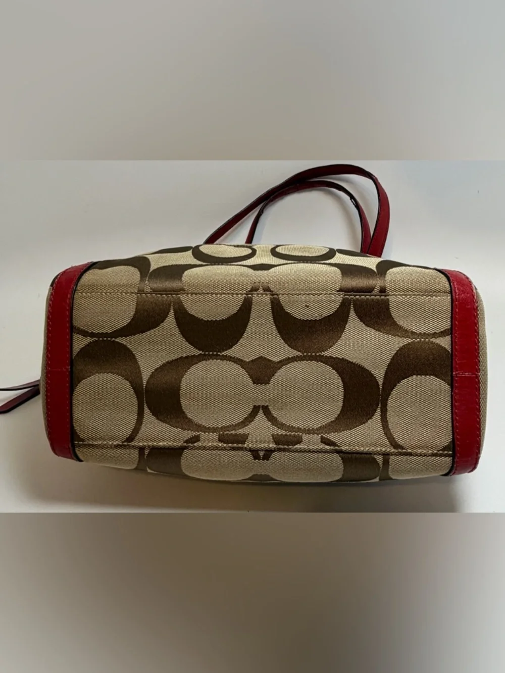 Coach Red Leather & Signature Print Tote with Plaid Interior #13005